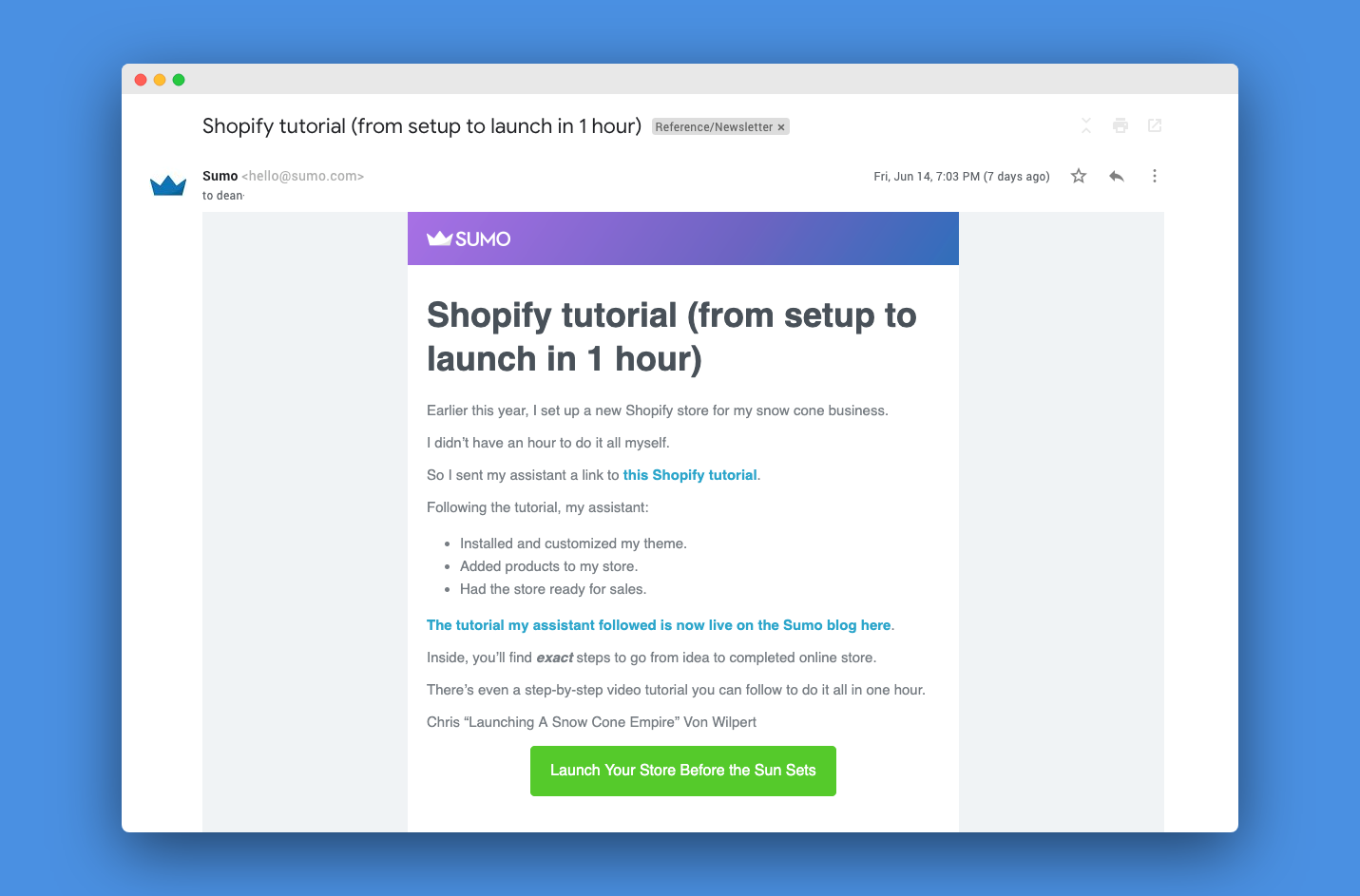 Screenshot showing Sumo newsletter email