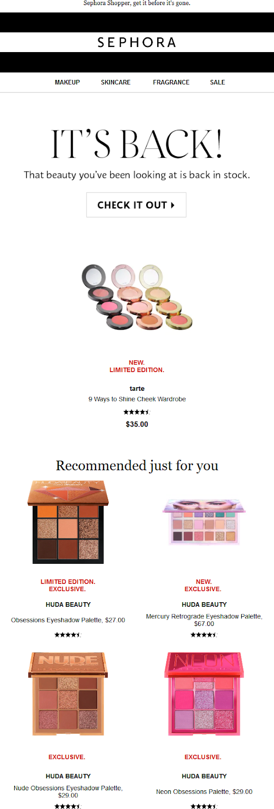 Screenshot of Sephora email