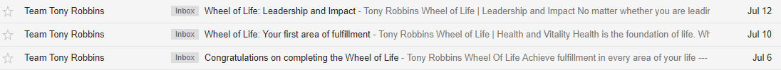 Screenshot of emails sent by the Tony Robbins team