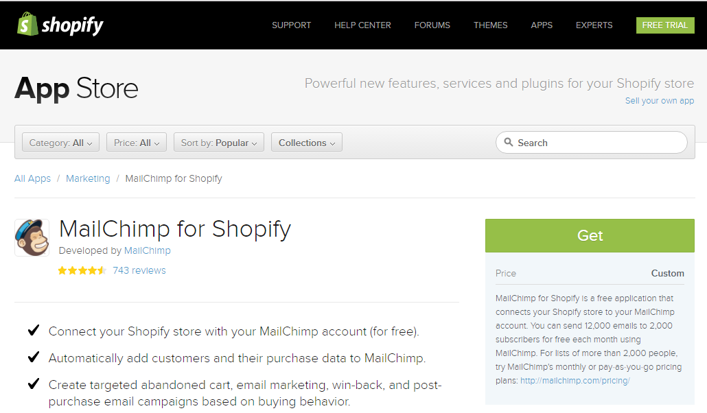 Screenshot showing Mailchimp on the Shopify App Store