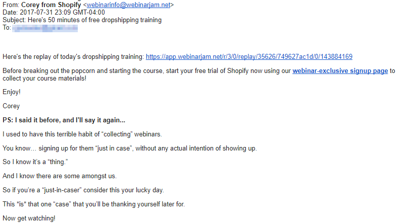 Screenshot showing a webinar email from Shopify