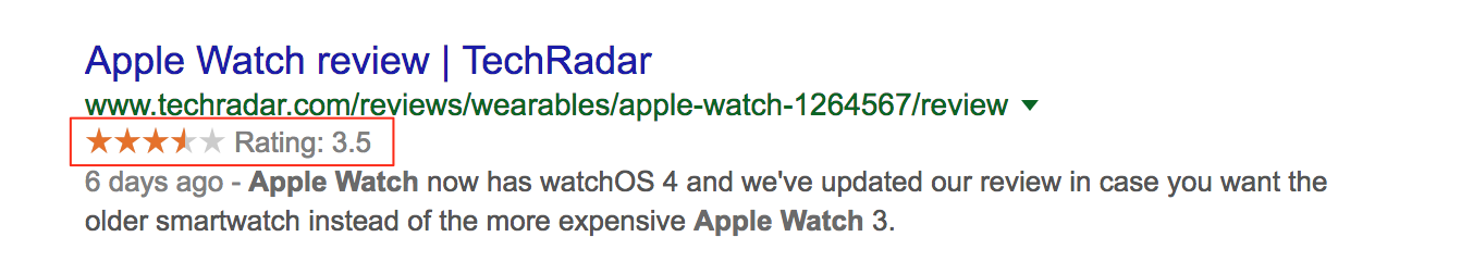 Screenshot showing a rating for the Apple Watch on Google