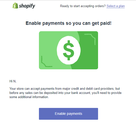 Screenshot showing the "enable payments" page on shopify