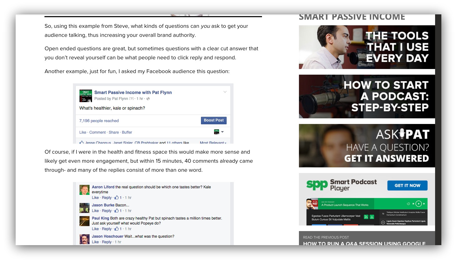Screenshot of a blog post showing engagement on facebook