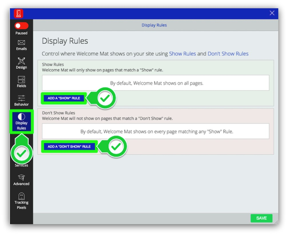 Screnshot of the sumo dashboard, featuring display rules for a welcome mat