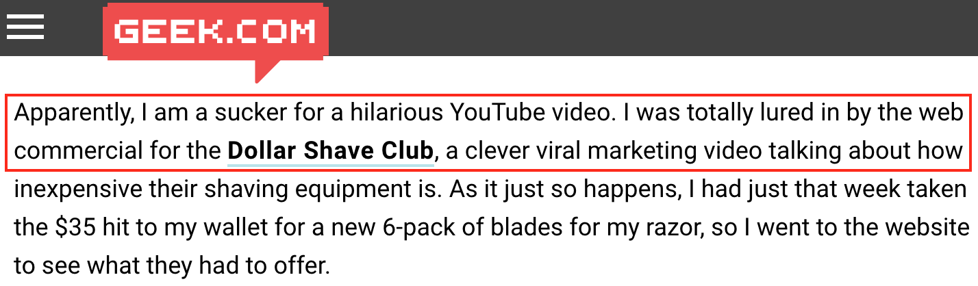 Screenshot showing a post on Dollar Shave Club on geek.com