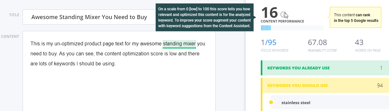 Screenshot of steps to find exact keywords Google is looking for to rank a page using CognitiveSEO