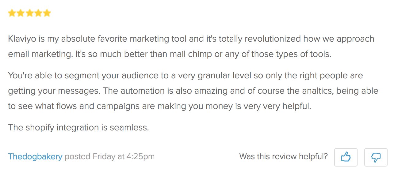 Screenshot showing a review for Klaviyo