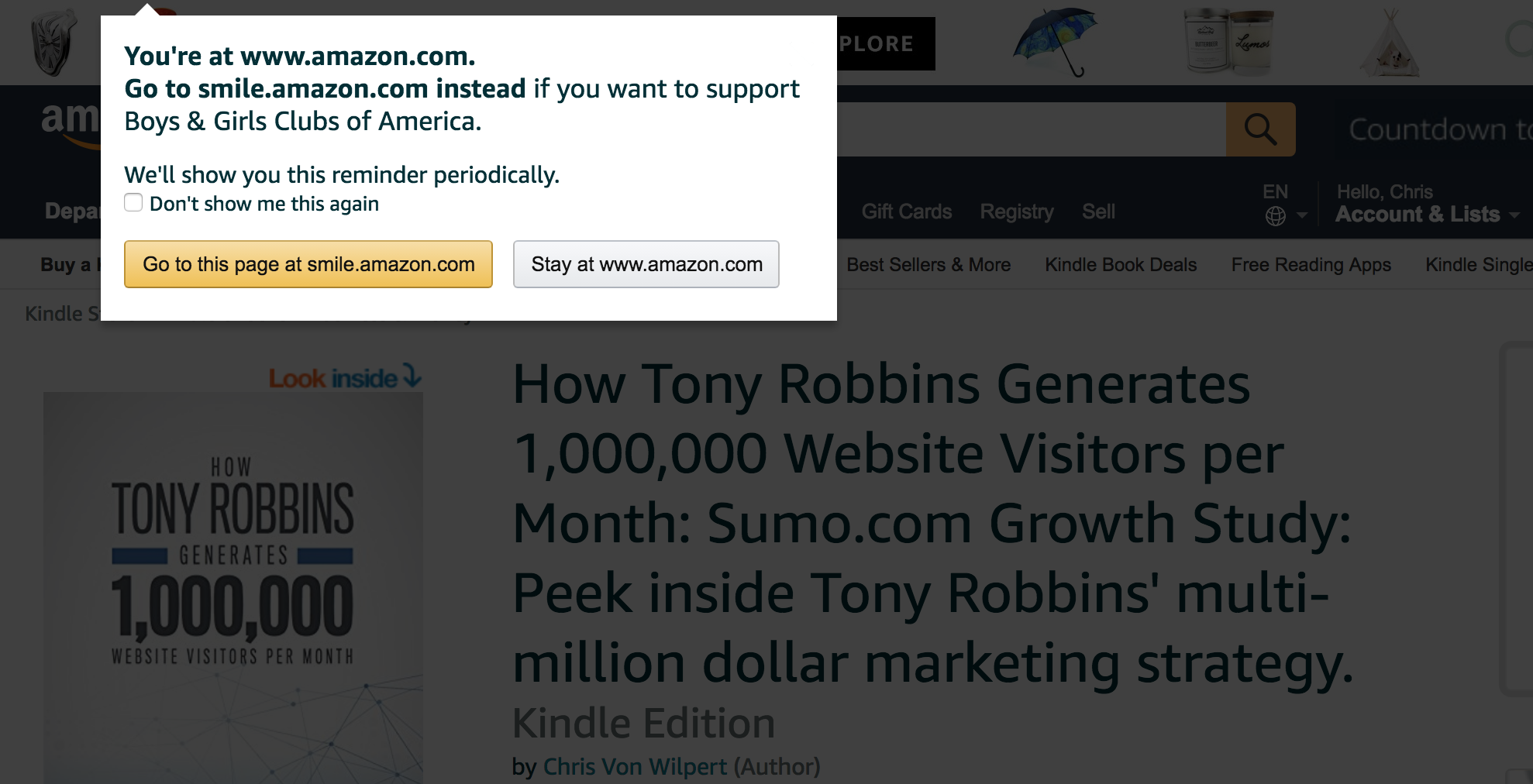 Screenshot showing a popup on Amazon.com