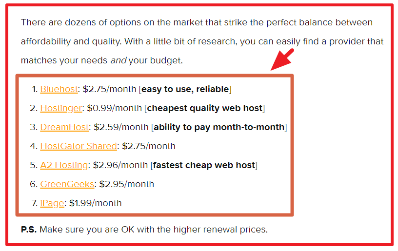 example HostingFacts categorizes product and plan