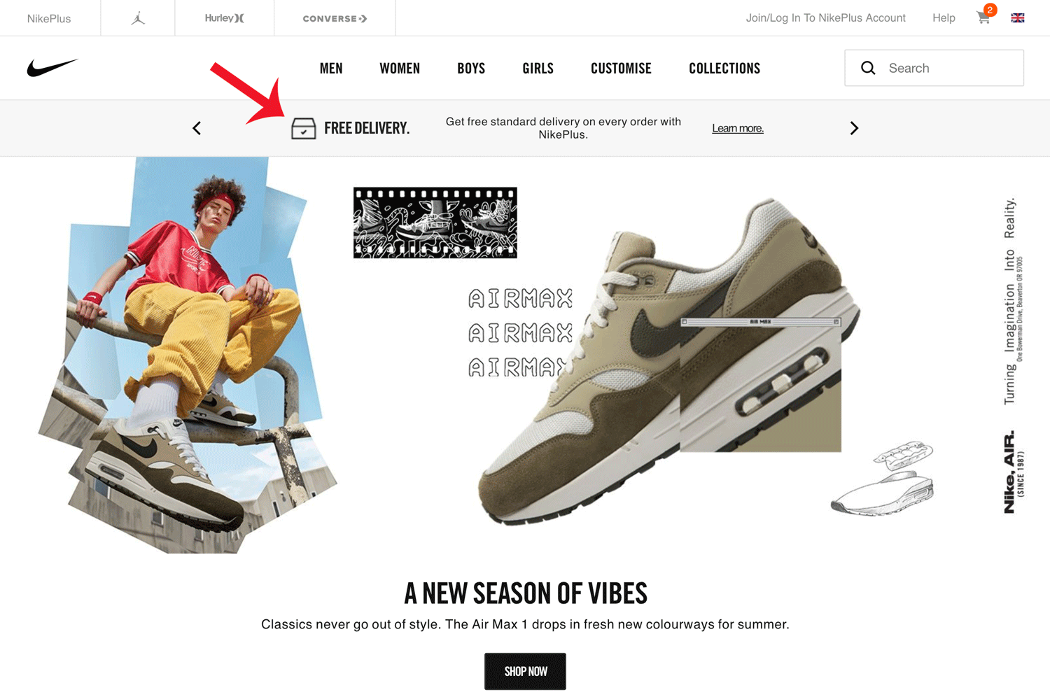 Screenshot showing a Nike landing page