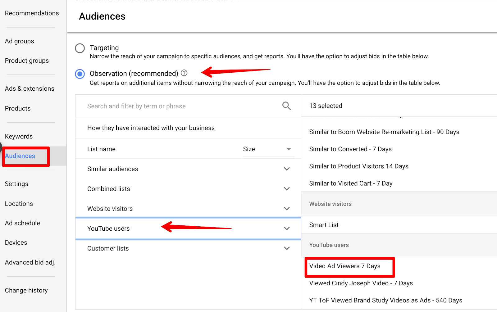 Screenshot showing the audiences page on the youtube ads dashboard