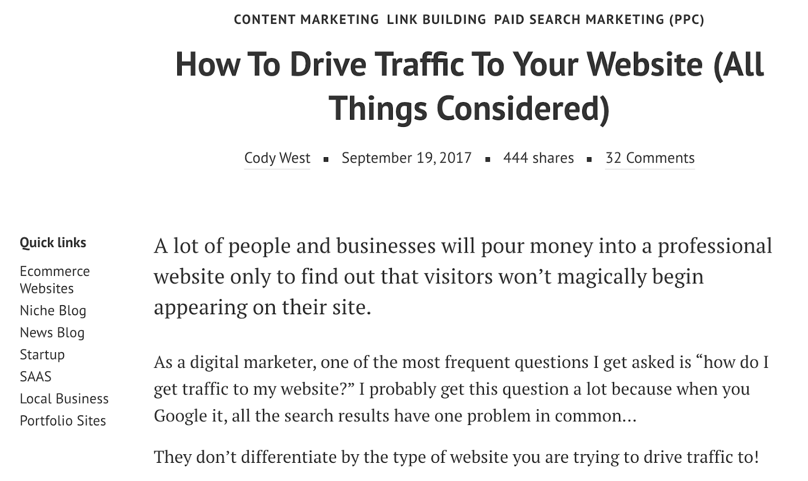 Screenshot blog topic “how to drive traffic to your website.”