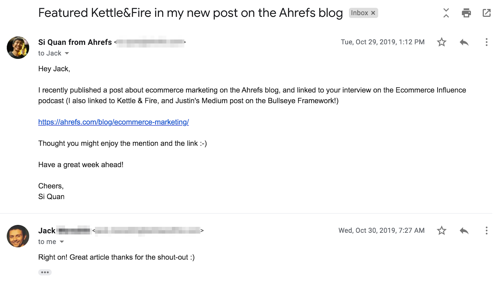 outreach email between Jack and Si Quan(Ahrefs)