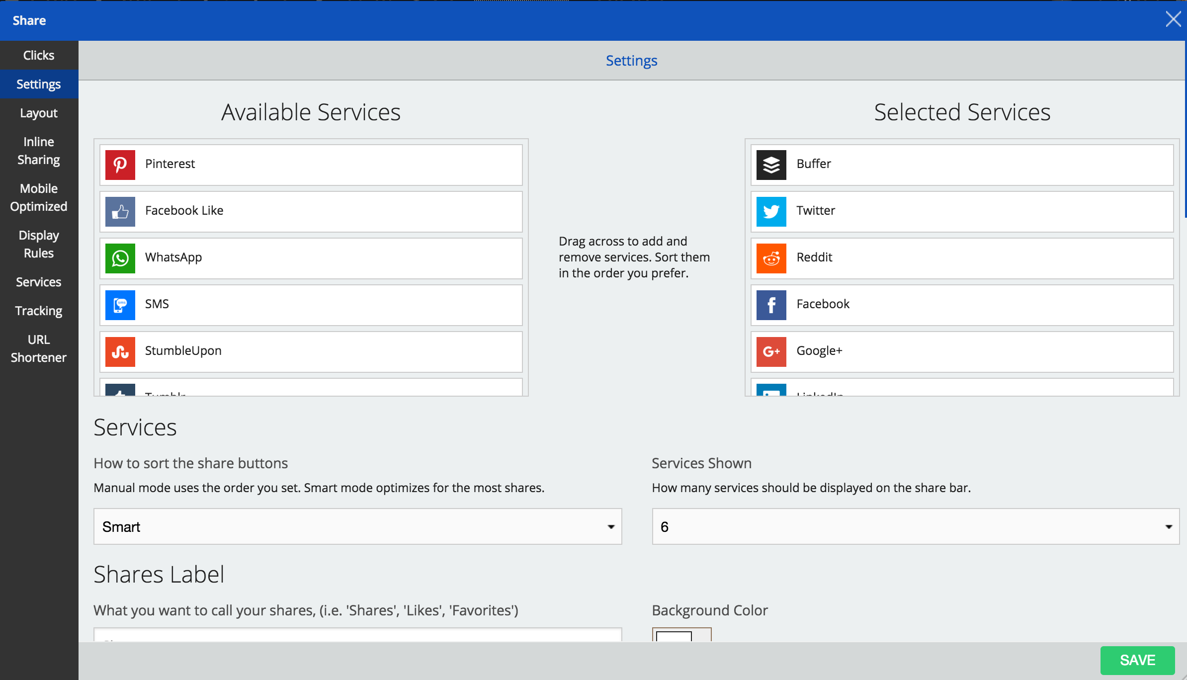 Screenshot of the sumo dashboard showing available and selected services