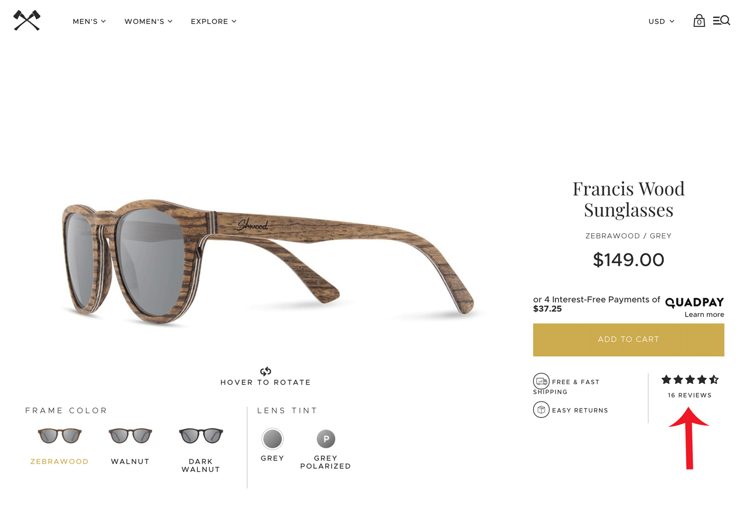 Screenshot showing a product page for sunglasses