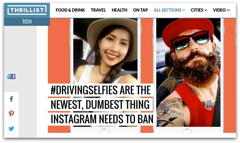 Screenshot of an article about the prevalence of driving selfies on Instagram