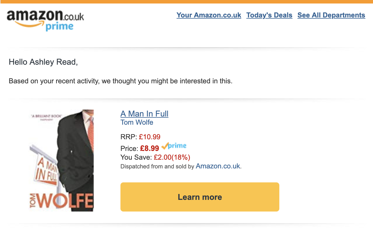 Screenshot of a recommended product email by Amazon