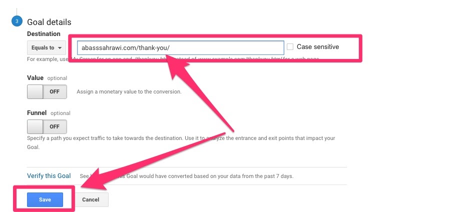 Google Analytics URL Goal Description