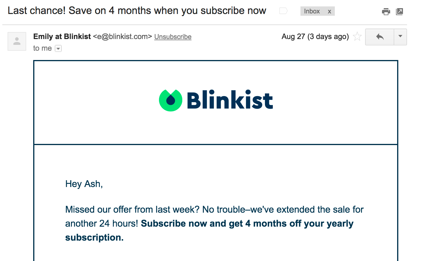 Best Email Subject Lines: Screenshot of email from Blinkist