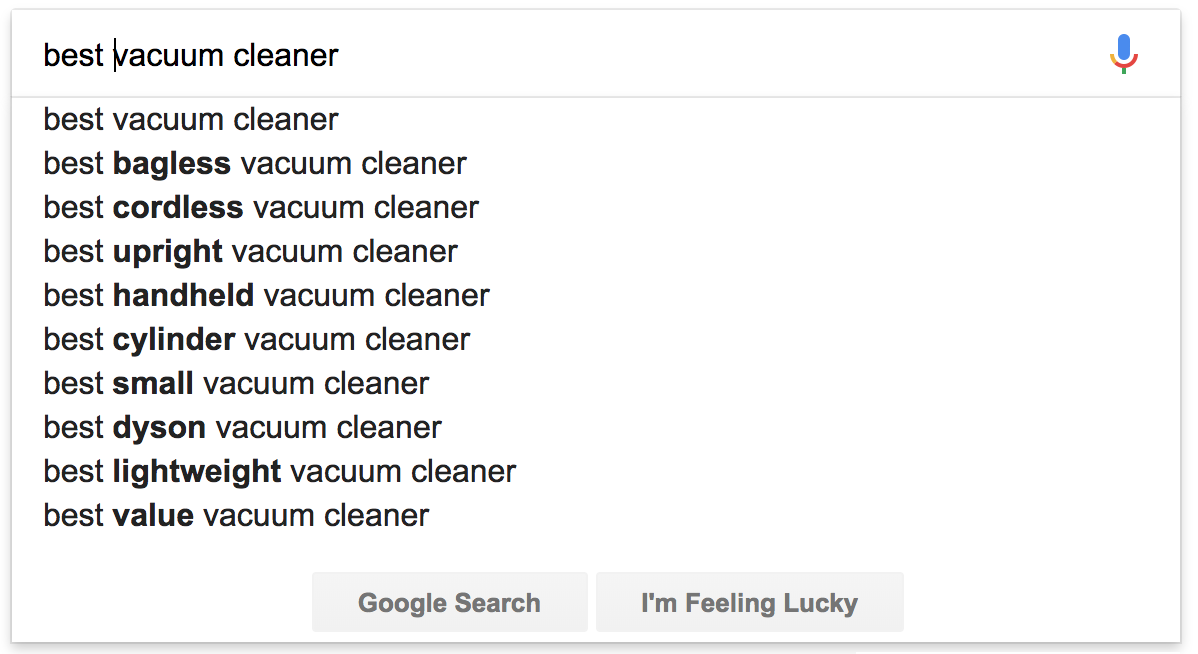 Screenshot showing google search suggestions