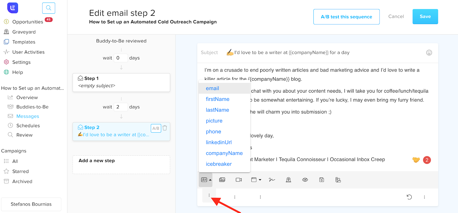 Lemlist edit email template step 2