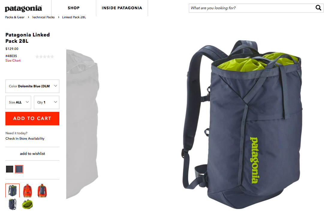 Screenshot showing a product page for a backpack