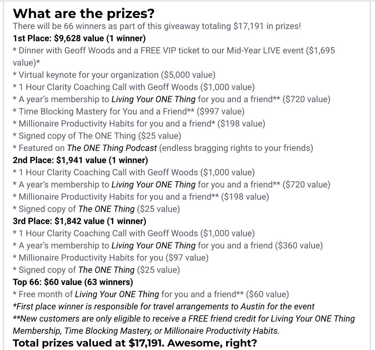 Screenshot showing prizes for a sweepstakes