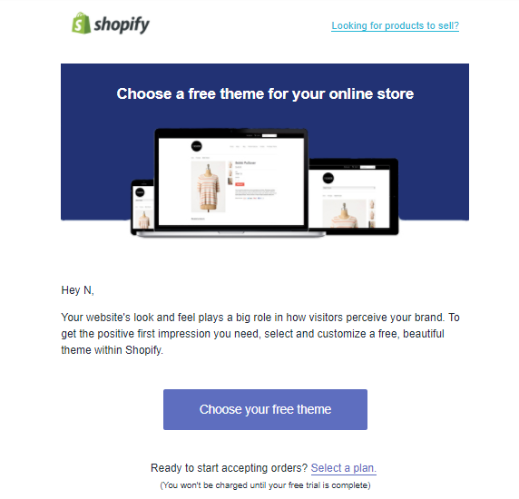 Screenshot showing the "select a theme" CTA on shopify