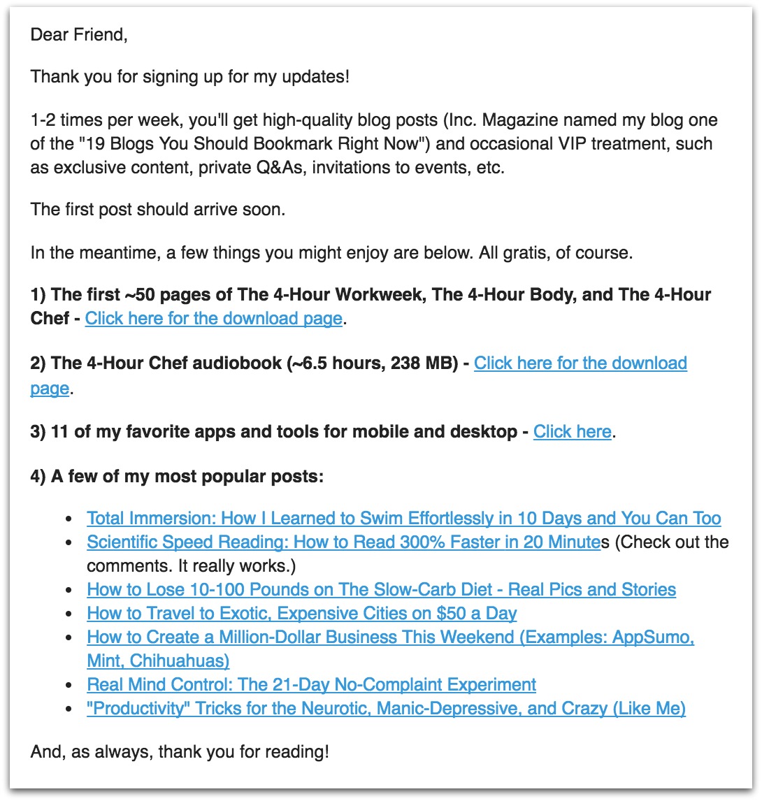 Screenshot of a welcome email sent by Tim Ferriss
