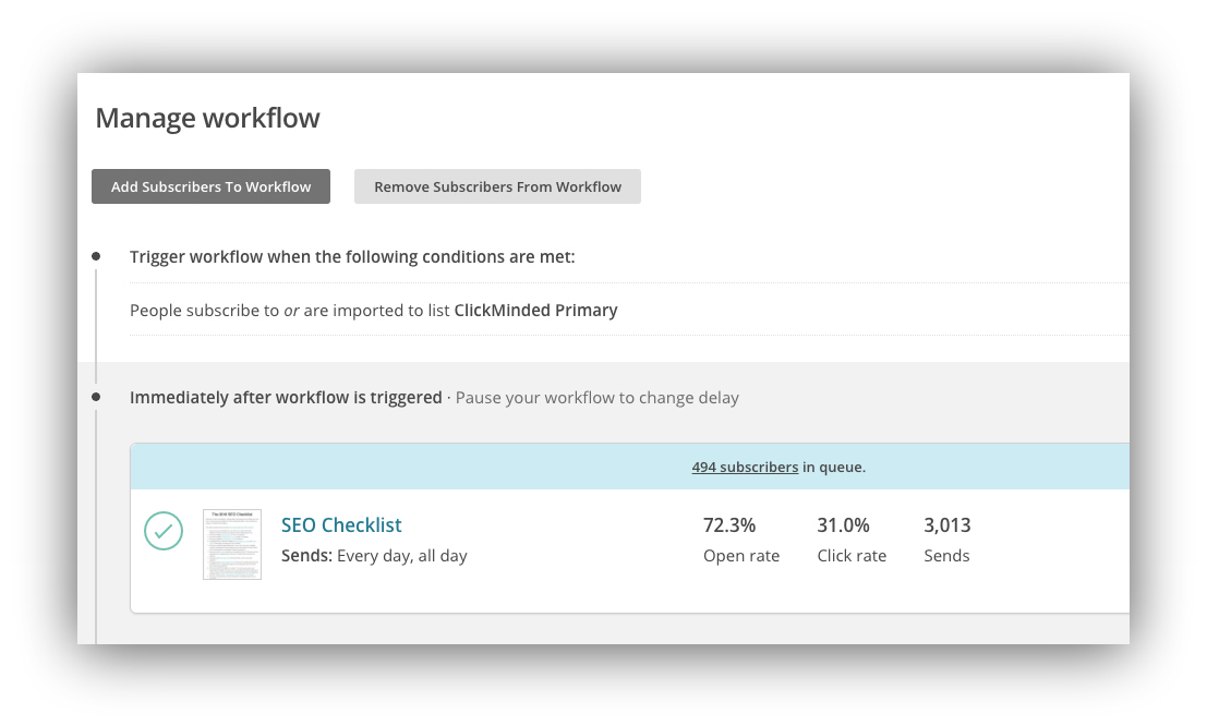 Screenshot of the manage workflow menu on Mailchimp