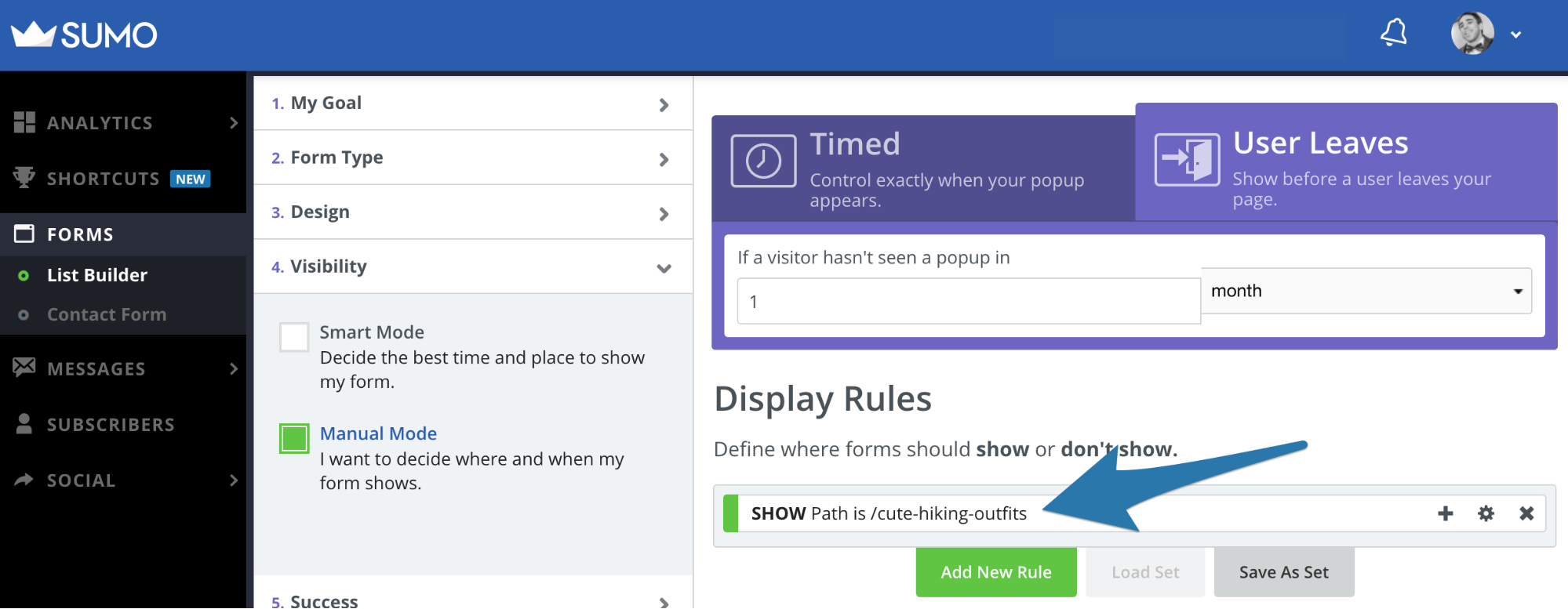 Screenshot showing popup settings page on the Sumo dashboard