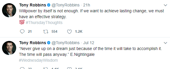 Screenshot of two twitter posts by Tony Robbins