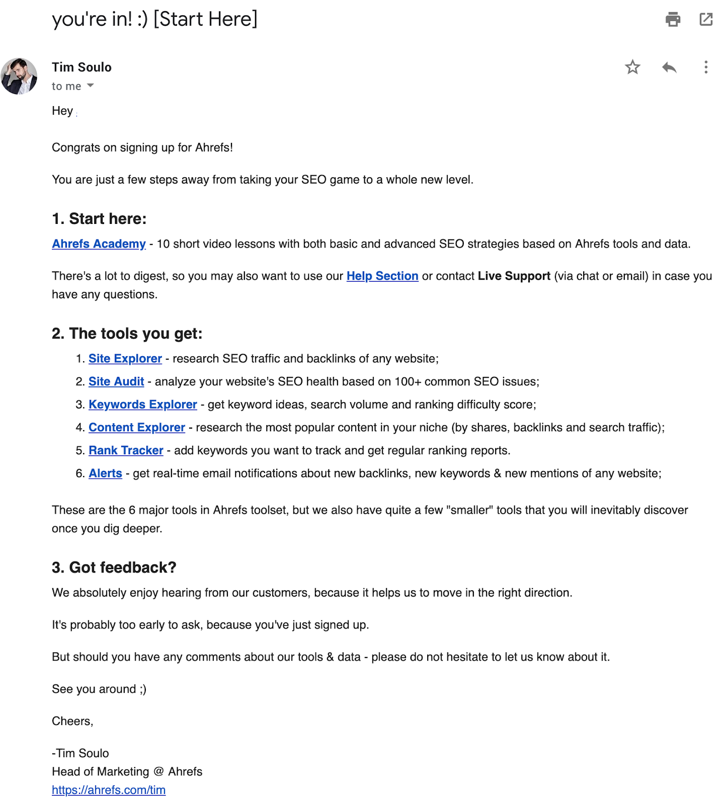 Screenshot of welcome email from Ahrefs