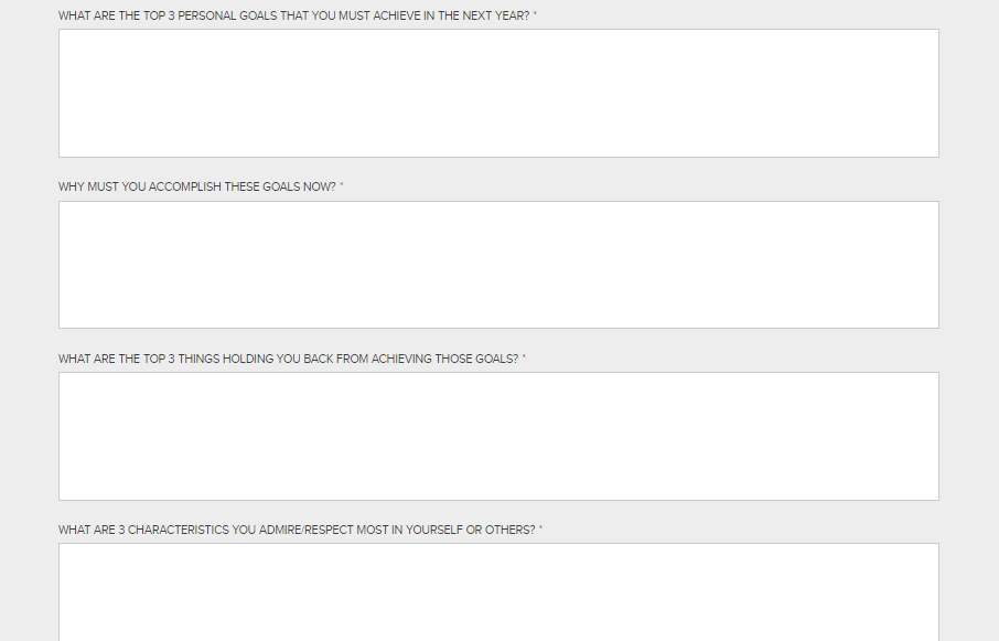 Screenshots of engagement questions to get ready for a call with a coach