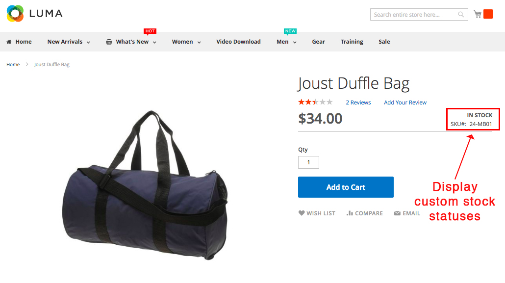 Screenshot showing a product page for a duffel bag