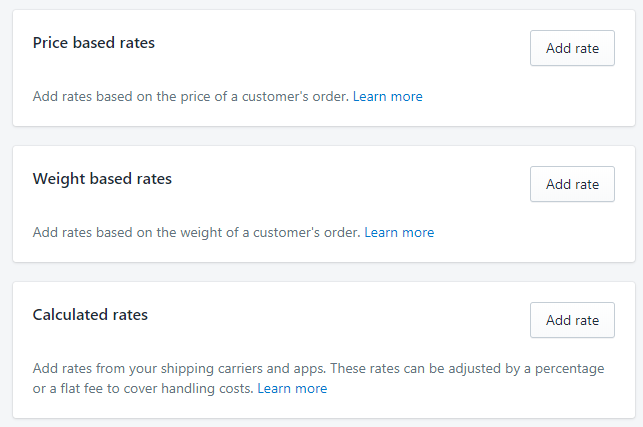 Screenshot showing Shopify shipping settings