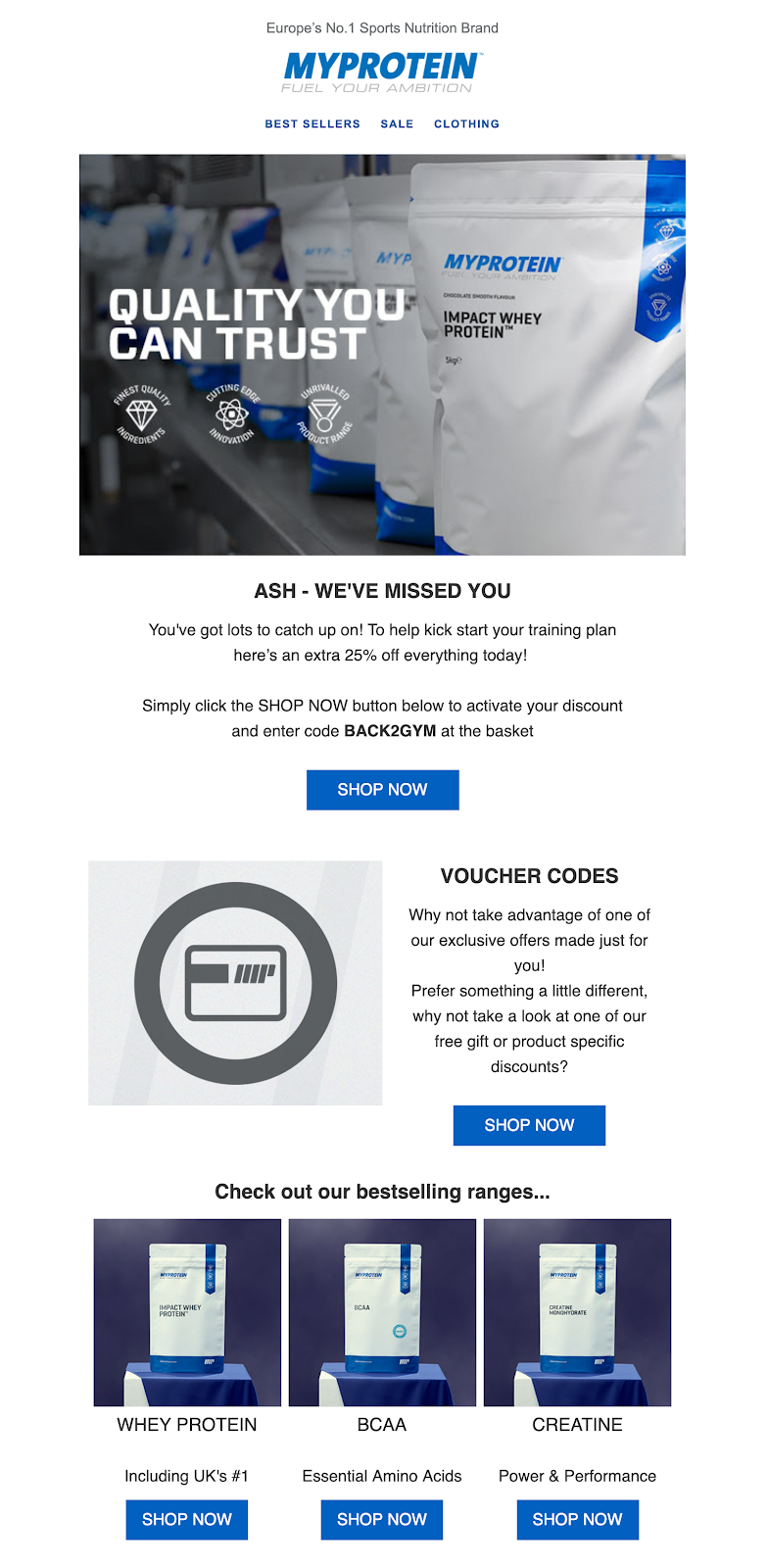 Screenshot of reactivation email by Myprotein