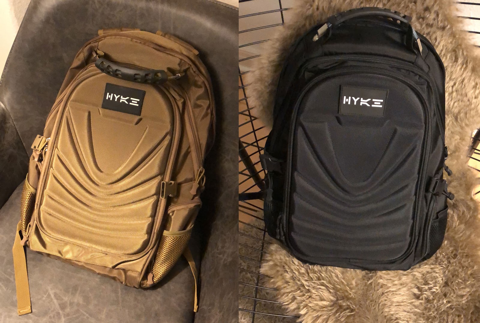 Picture showing backpacks with logos on them