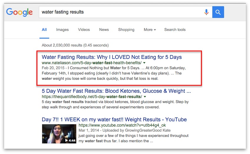 Screenshot showing a google search for "water fasting results"