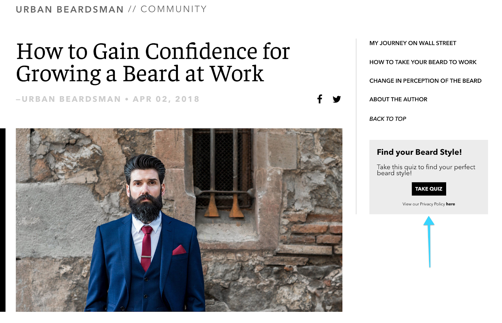 Sreenshot of interactive beard style quiz featured in the sidebar and remains in view — even when scrolling — for as long as the reader is on the blog