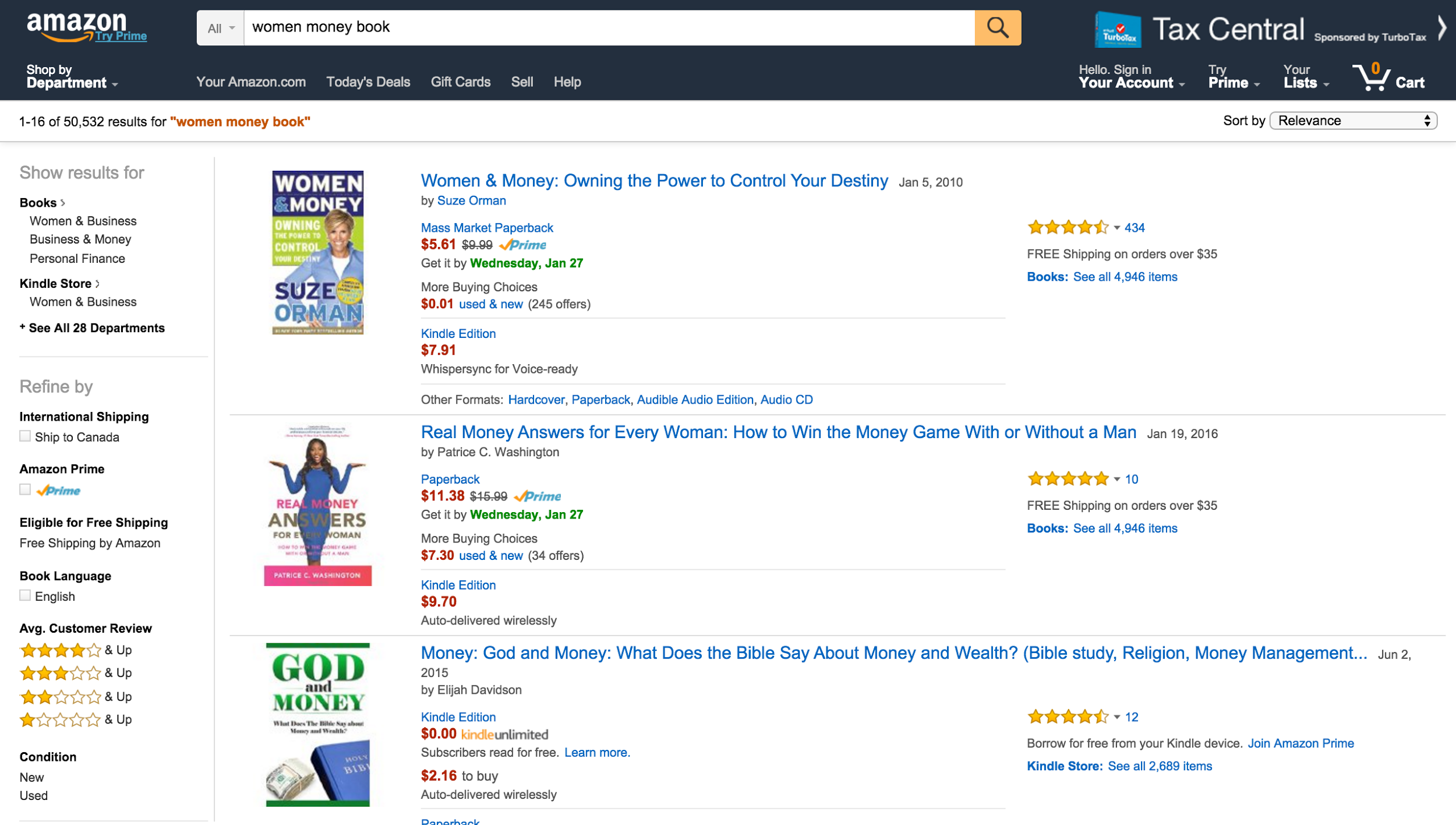 Screenshot of an Amazon search for "women money book"