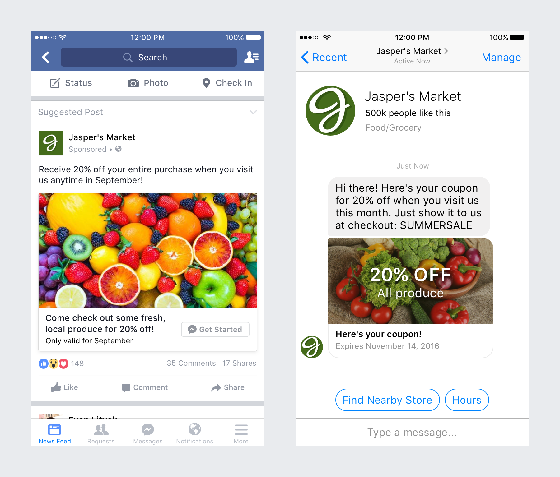 Two screenshots showing a Facebook ad and a messenger conversation