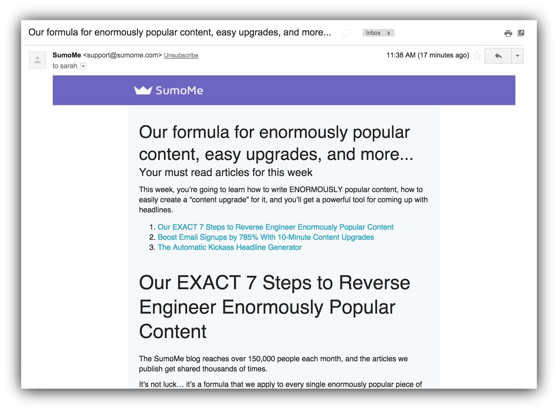 Screenshot of an email sent by Sumo