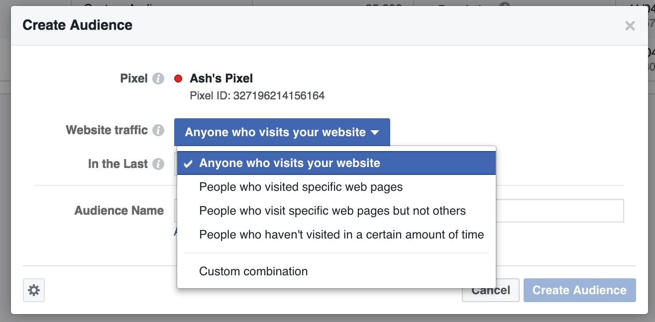 Screenshot showing Facebook custom audience settings