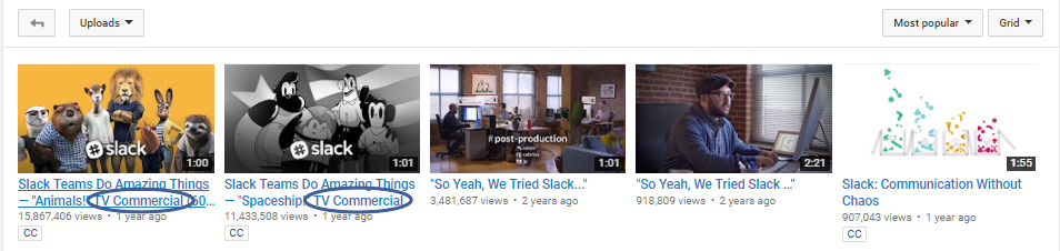 Screenshot of youtube videos of Slack TV commercials