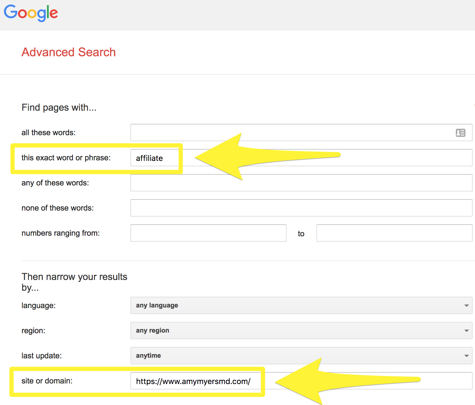 Screenshot showing google advanced search