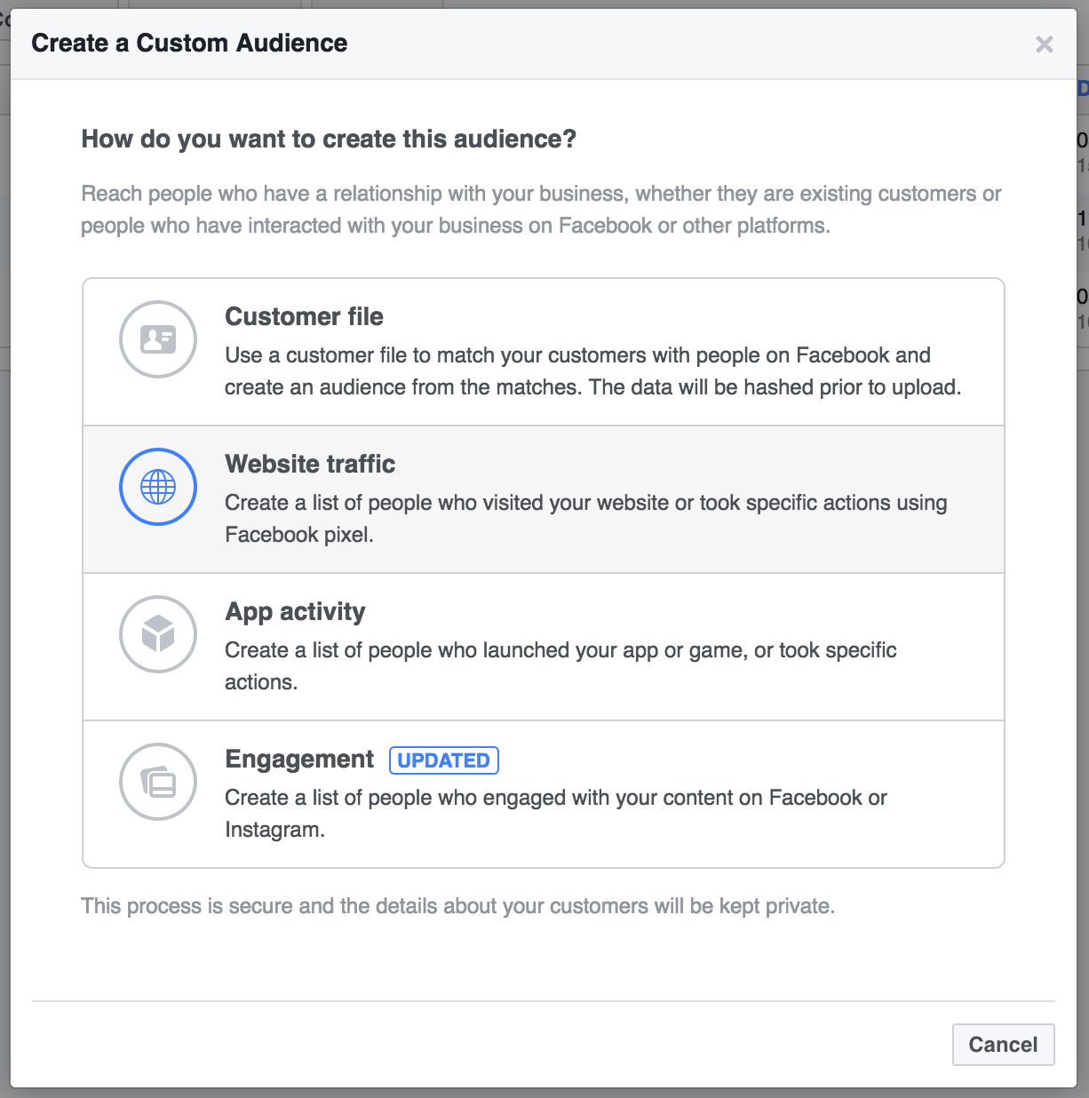 Screenshot showing create new Facebook custom audience settings