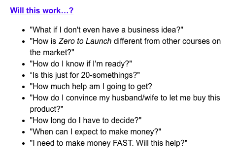 Ramit email  lists a full page of questions and objections