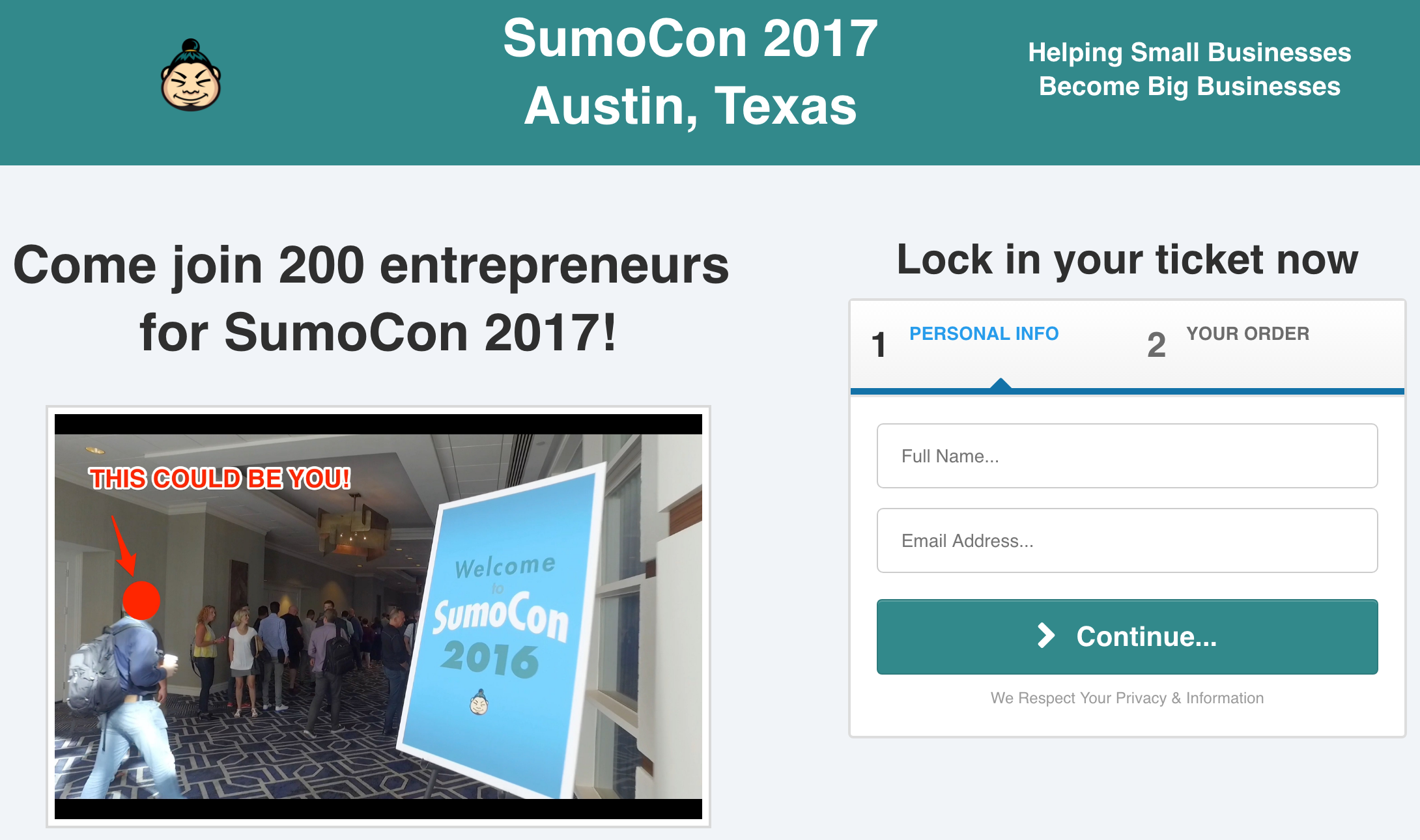 Screenshot showing a landing page for SumoCon 2017